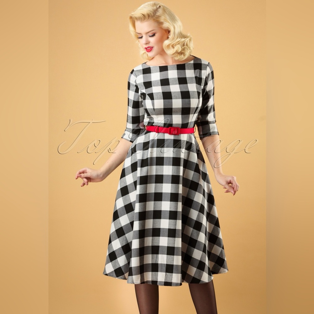 Collectif Black and White Plaid Dress with Red Accent Belt